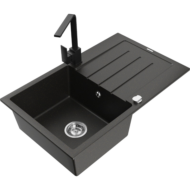 Mexen Bruno granite kitchen sink with 1 bowl, drainer, and Rita faucet, black/silver metallic - 6513-73-670300-70