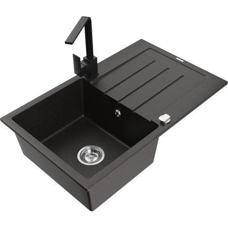 Mexen Bruno granite kitchen sink with 1 bowl, drainer, and Rita faucet, black/silver metallic - 6513-73-670300-70