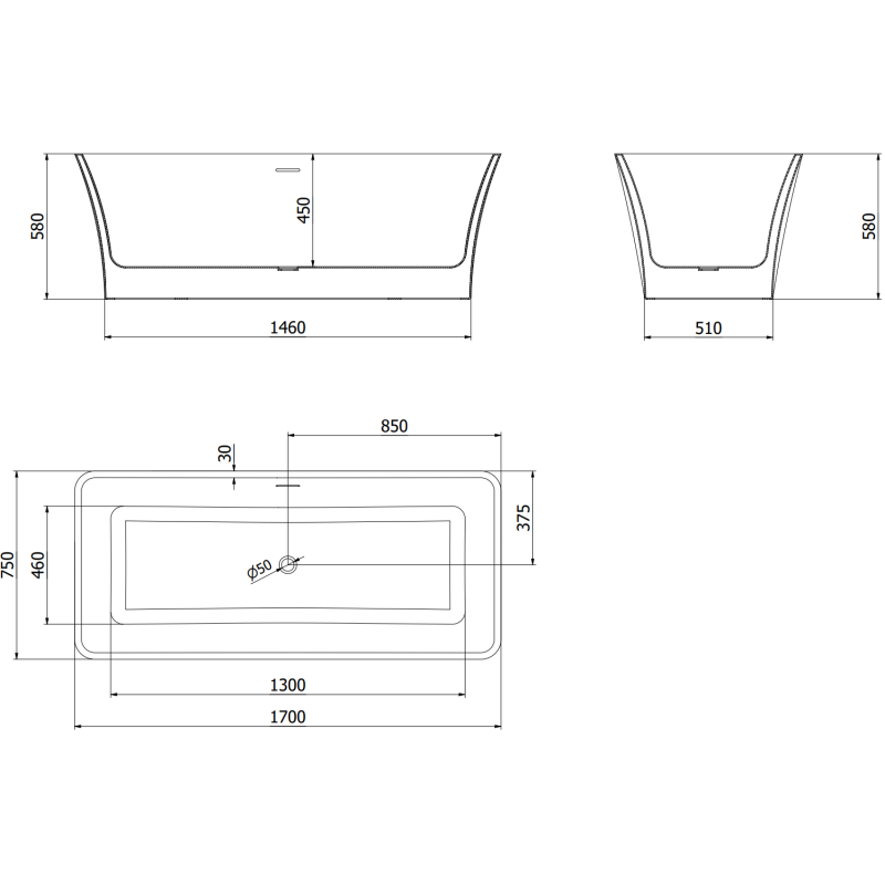 Mexen Tonia freestanding bath 170 x 75 cm, white, chrome overflow - 52171707500-01
