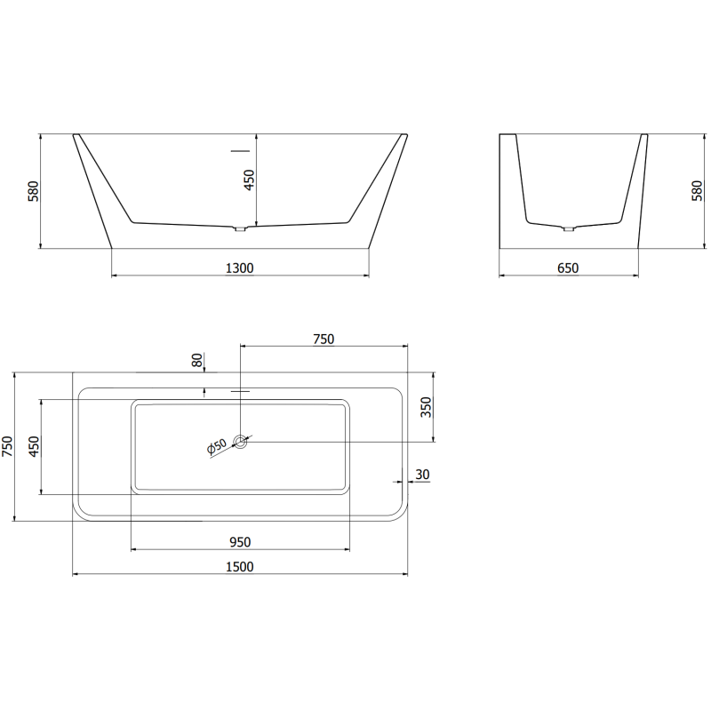 Mexen Volta freestanding wall-adjacent bath 150 x 75 cm, white, rose gold overflow - 51131507500-60