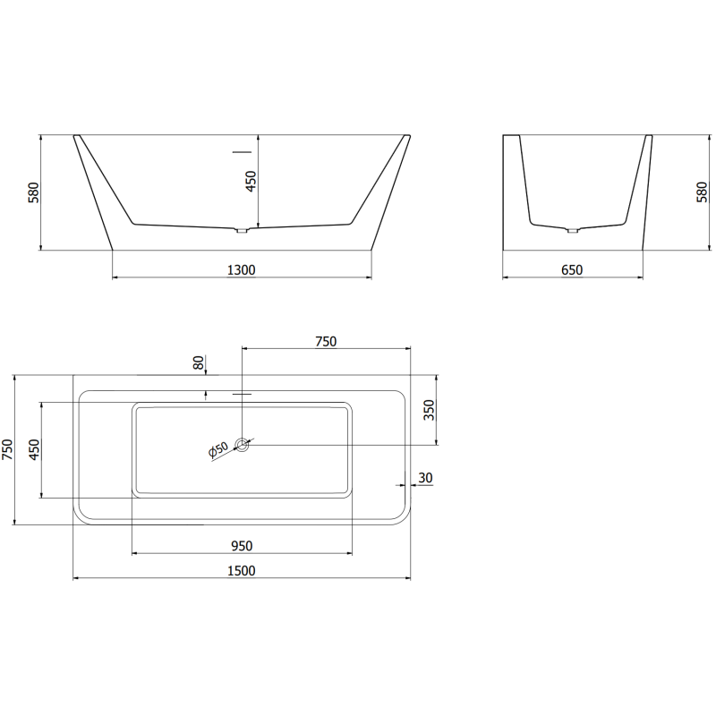 Mexen Volta freestanding wall-mounted bath 150 x 75 cm, white/black, white overflow - 51131507575-20