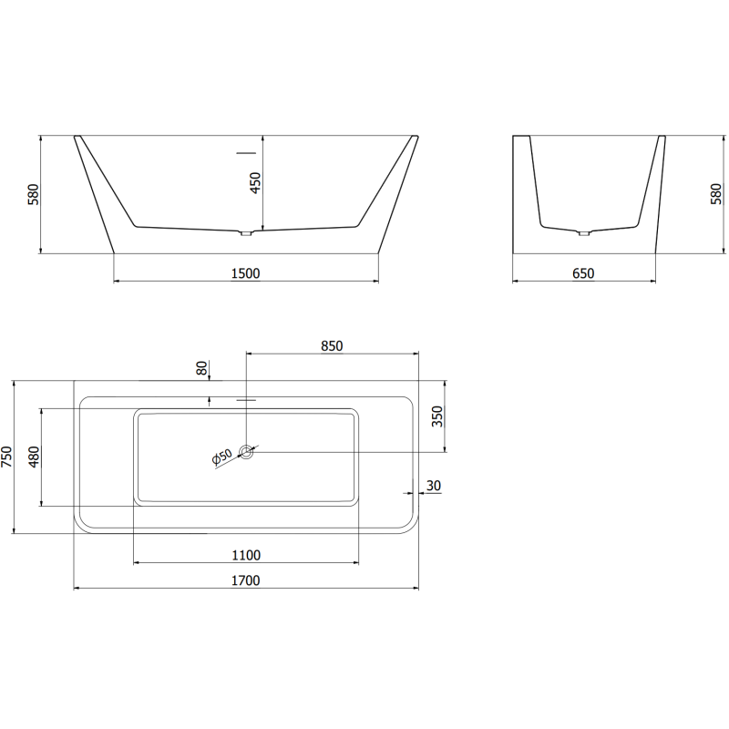 Mexen Volta free-standing wall-adjacent bathtub 170 x 75 cm, white, chrome overflow - 51131707500-01