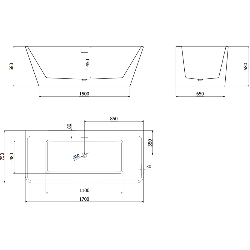 Mexen Volta freestanding back-to-wall bath 170 x 75 cm, white, overflow gun gray brushed - 51131707500-66