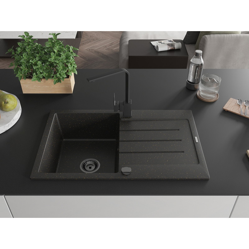 Mexen Bruno granite sink 1-bowl with drainer and kitchen faucet Rita, black/gold metallic - 6513-75-670300-70-B