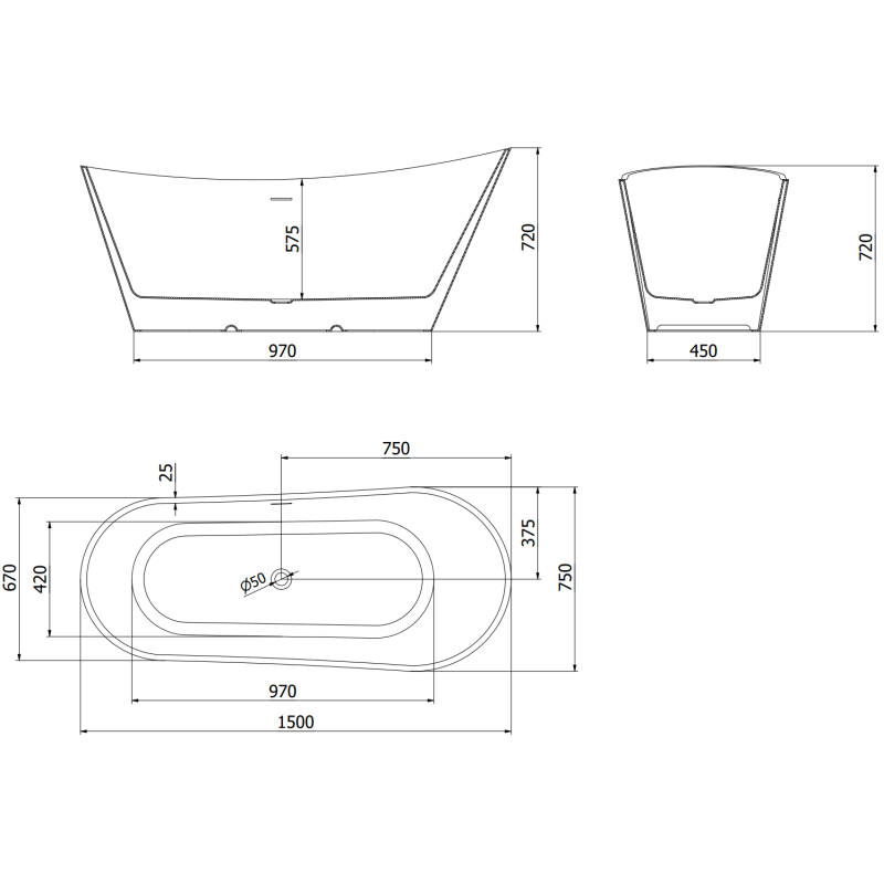 Mexen Dora freestanding bathtub 150 x 75 cm, white, overflow gold - 52071507500-50