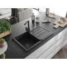 Mexen Bruno granite sink 1-bowl with drainer and kitchen faucet Rita, black/gold metallic - 6513-75-670300-70-B