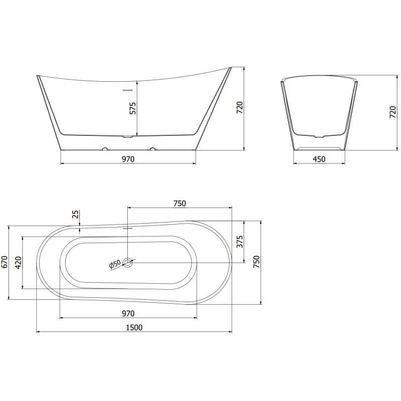 Mexen Dora freestanding bathtub 150 x 75 cm, white/black, chrome overflow - 52071507575-01