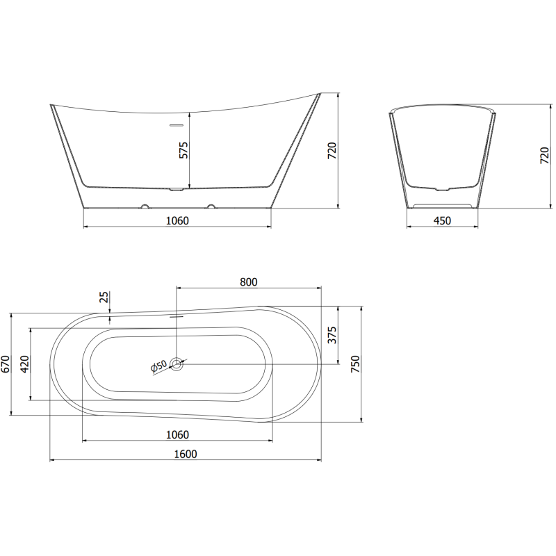 Mexen Dora freestanding bathtub 160 x 75 cm, white, brushed gun gray overflow - 52071607500-66