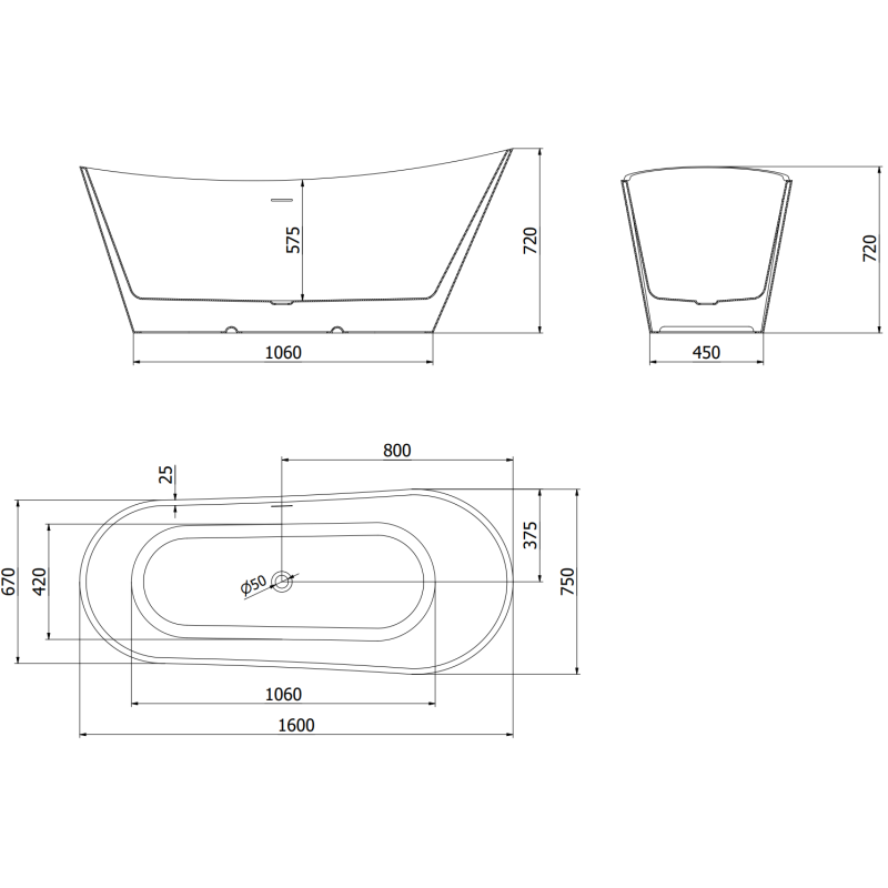 Mexen Dora freestanding bathtub 160 x 75 cm, white, black overflow - 52071607500-70