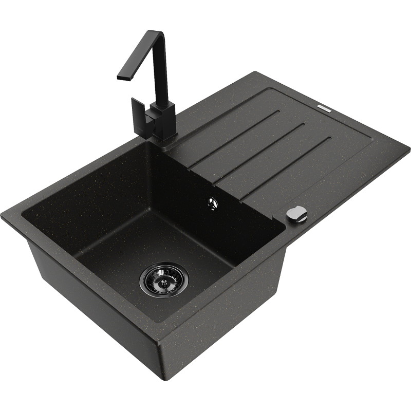 Mexen Bruno granite kitchen sink 1-bowl with drainer and kitchen faucet Rita, black/gold metallic - 6513-75-670300-70-B