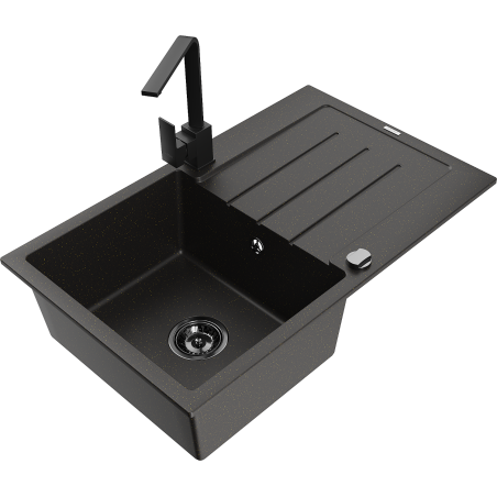 Mexen Bruno Granite Single-Bowl Sink with Drainer and Rita Kitchen Tap, Black/Gold Metallic - 6513-75-670300-70-B