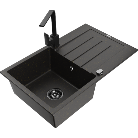 Mexen Bruno granite sink 1-bowl with drainer and kitchen faucet Rita, black/gold metallic - 6513-75-670300-70-B