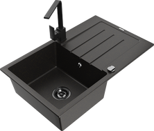 Mexen Bruno granite kitchen sink 1-bowl with drainer and kitchen faucet Rita, black/gold metallic - 6513-75-670300-70-B