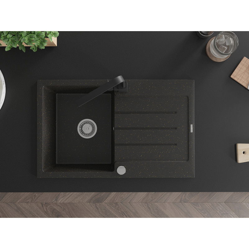 Mexen Bruno 1-Bowl Granite Sink with Drainer and Rita Kitchen Tap, Black/Gold Metallic - 6513-75-670300-70