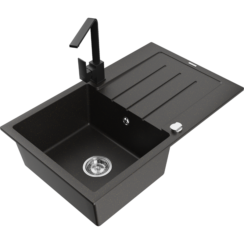 Mexen Bruno 1-Bowl Granite Sink with Drainer and Rita Kitchen Tap, Black/Gold Metallic - 6513-75-670300-70