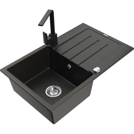 Mexen Bruno 1-Bowl Granite Sink with Drainer and Rita Kitchen Tap, Black/Gold Metallic - 6513-75-670300-70