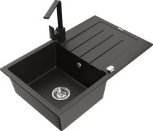 Mexen Bruno granite sink 1-bowl with drainer and Rita kitchen faucet, black/gold metallic - 6513-75-670300-70