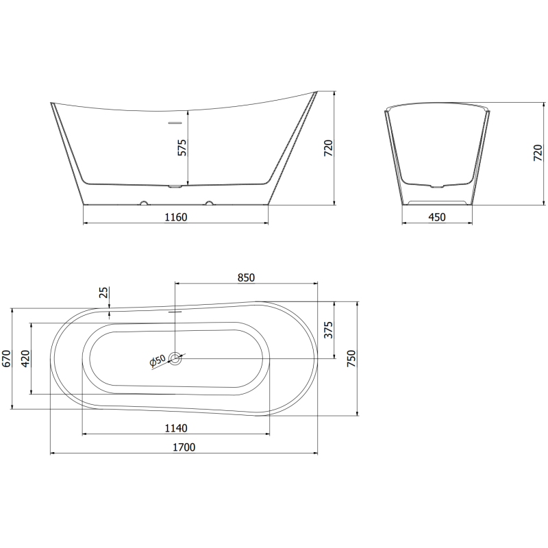 Mexen Dora freestanding bathtub 170 x 75 cm, white, chrome overflow - 52071707500-01