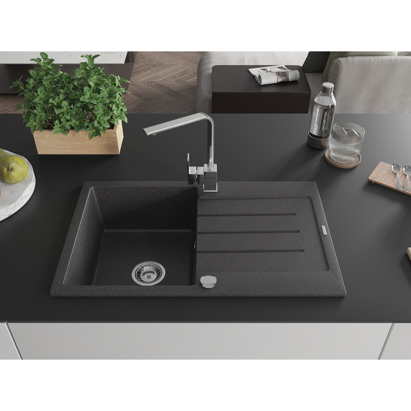 Mexen Bruno granite single-bowl sink with drainer and Rita kitchen faucet, black speckled - 6513-76-670300-00