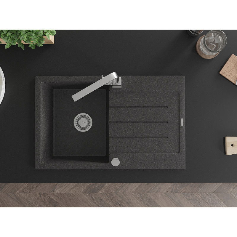 Mexen Bruno granite sink 1-bowl with drainer and Rita kitchen tap, speckled black - 6513-76-670300-00
