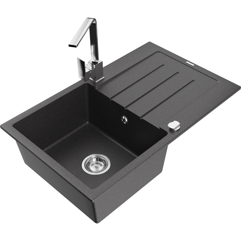 Mexen Bruno granite sink 1-bowl with drainer and Rita kitchen tap, speckled black - 6513-76-670300-00