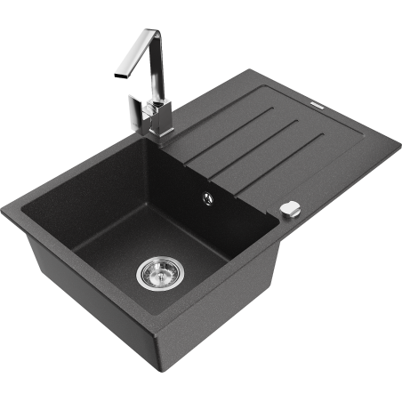 Mexen Bruno granite single-bowl sink with drainer and Rita kitchen faucet, black speckled - 6513-76-670300-00