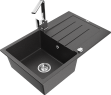 Mexen Bruno granite sink 1-bowl with drainer and Rita kitchen tap, speckled black - 6513-76-670300-00