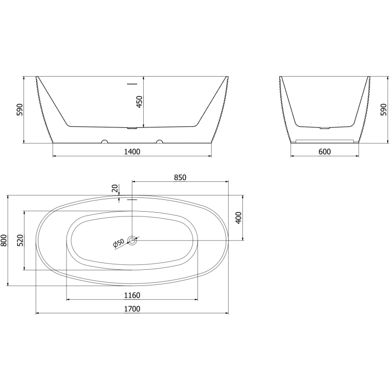 Mexen Lira freestanding bathtub pattern 170 x 80 cm, white, black overflow - 52831708000-70