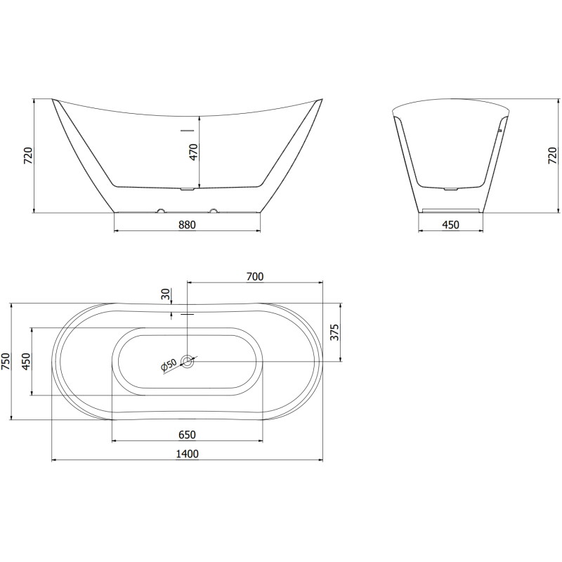 Mexen Lotos freestanding bathtub 140 x 75 cm, white, gun metal overflow - 52051407700-95