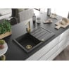 Mexen Bruno granite sink 1-bowl with drainer and Rita kitchen tap, black speckled - 6513-76-670300-50
