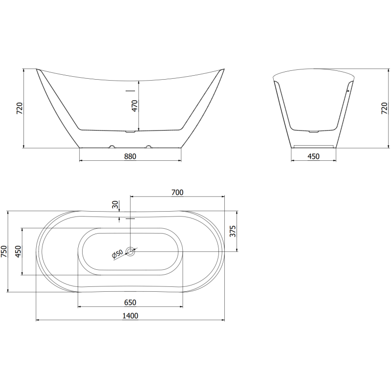 Mexen Lotos freestanding bath 140 x 75 cm, white/black, black overflow - 52051407775-70
