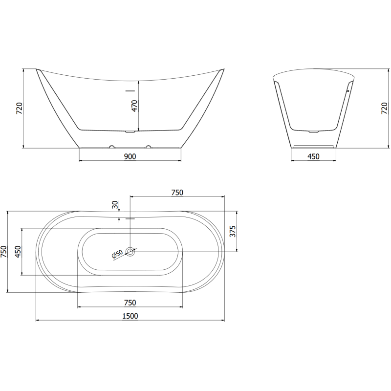 Mexen Lotos freestanding bathtub 150 x 75 cm, white, gold overflow - 52051507700-50
