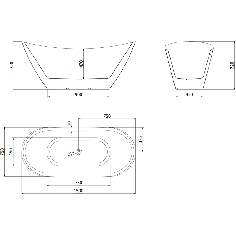 Mexen Lotos free-standing bathtub 150 x 75 cm, white, brushed copper overflow - 52051507700-65