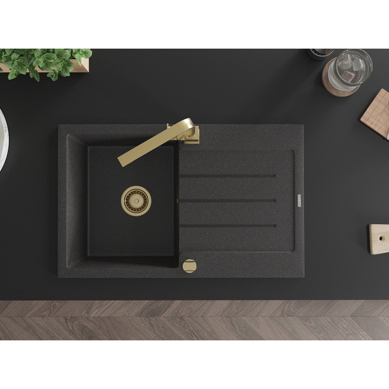Mexen Bruno 1-bowl granite sink with drainer and Rita kitchen faucet, speckled black - 6513-76-670300-50