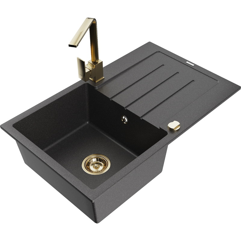 Mexen Bruno 1-bowl granite sink with drainer and Rita kitchen faucet, speckled black - 6513-76-670300-50