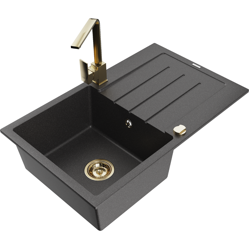 Mexen Bruno 1-compartment granite sink with a drip tray and kitchen mixer tap Rita, spotted black - 6513-76-670300-50