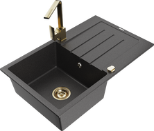 Mexen Bruno 1-bowl granite sink with drainer and Rita kitchen faucet, speckled black - 6513-76-670300-50