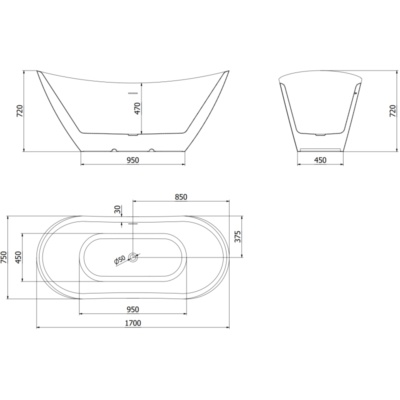 Mexen Lotos free-standing bath 170 x 75 cm, white/black, chrome overflow - 52051707775-01