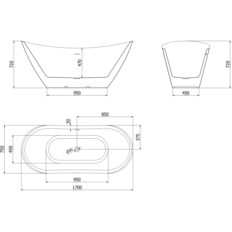 Mexen Lotos freestanding bathtub 170 x 75 cm, white/black, white overflow - 52051707775-20