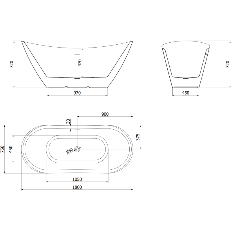 Mexen Lotos freestanding bath 180 x 75 cm, white, black overflow - 52051807700-70