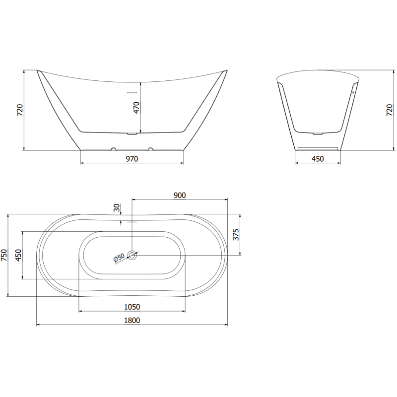 Mexen Lotos freestanding bath 180 x 75 cm, white/black, brushed gun gray overflow - 52051807775-66