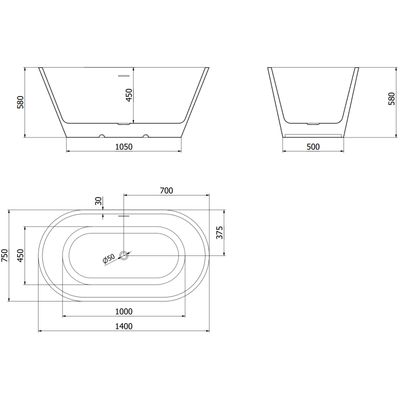 Mexen Luna Freestanding Bathtub 140 x 75 cm, White, Chrome Overflow - 52031407500-01