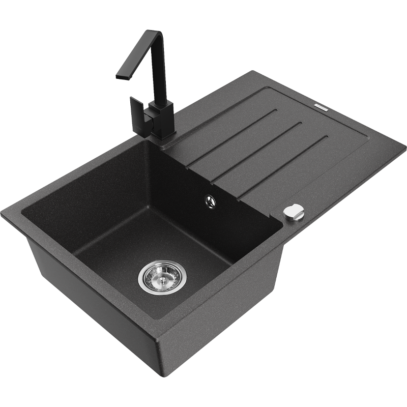 Mexen Bruno granite kitchen sink 1-bowl with drainer and Rita kitchen tap, black speckled - 6513-76-670300-70