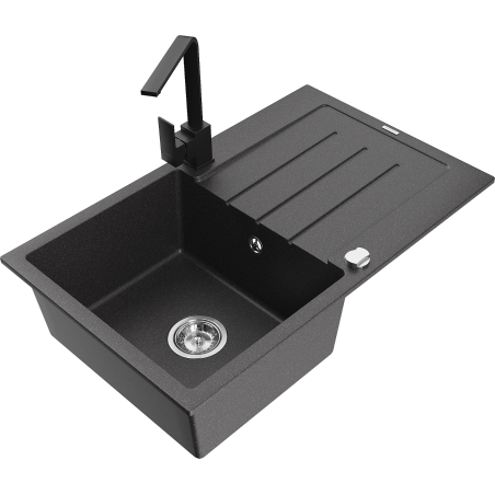 Mexen Bruno 1-bowl Granite Sink with Drainer and Rita Kitchen Faucet, Black Speckled - 6513-76-670300-70