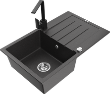Mexen Bruno granite sink 1-bowl with drainer and Rita kitchen faucet, speckled black - 6513-76-670300-70
