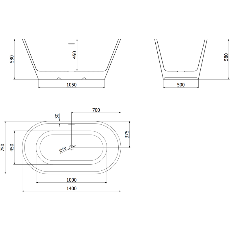 Mexen Luna freestanding bathtub 140 x 75 cm, white/black, gun gray brushed overflow - 52031407575-66