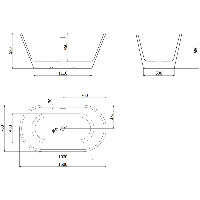 Mexen Luna Freestanding Bath 150 x 75 cm, White, Brushed Copper Overflow - 52031507500-65