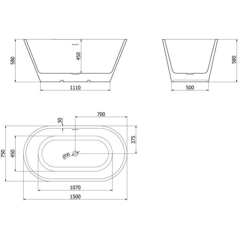 Mexen Luna freestanding bathtub 150 x 75 cm, white/black, gold overflow - 52031507575-50