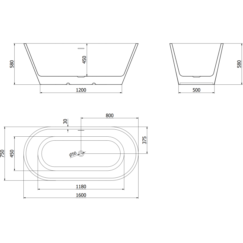 Mexen Luna 160 x 75 cm Freestanding Bath, White, Brushed Gold Overflow - 52031607500-55