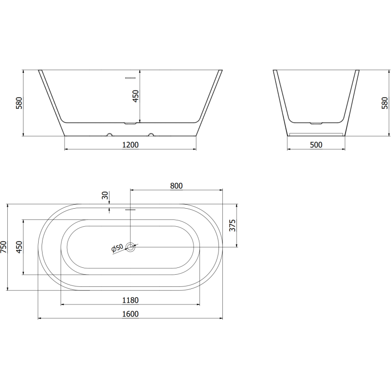 Mexen Luna free-standing bathtub 160 x 75 cm, white, overflow rose gold - 52031607500-60